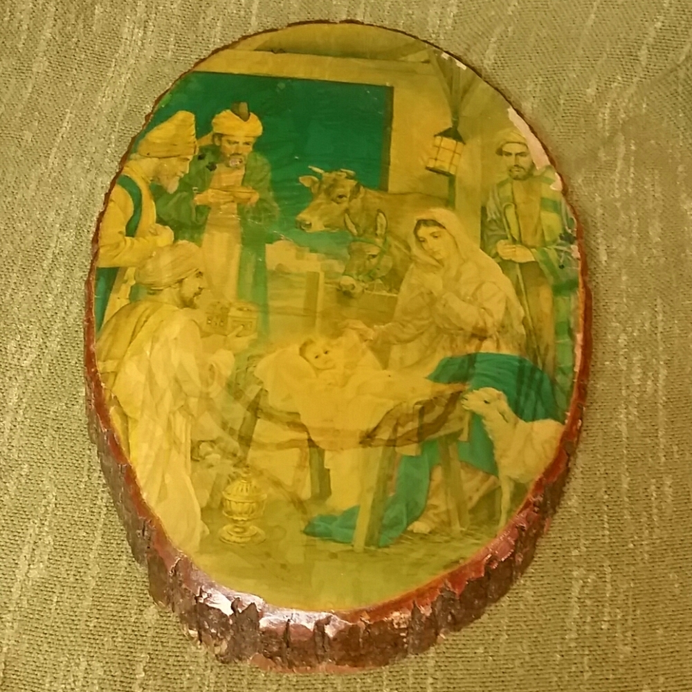 Vintage, Nativity, Decoupage on Wood Slice, 16 in.